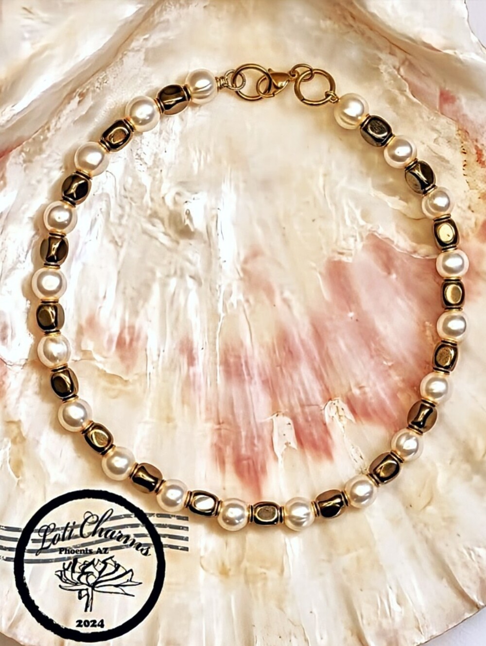 Large Genuine White Pearls W/ Hematite Nuggets In Gold Plated Necklace Choker